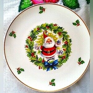 Limoges France Santa Cookie Plate 7.5" gold rim holly jolly